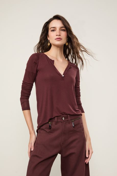 Blusa Manga Longa Raglan Marrom Boho - G