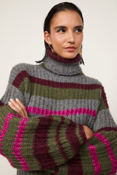Blusão De Tricot Pull Listrado Com Gola Alta Cinza/ Marrom Boho/ Verde Marche/ Rosa - G