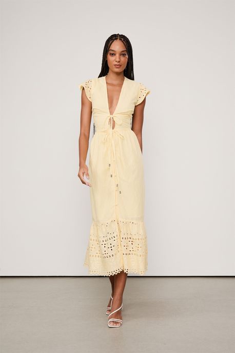 Vestido Midi De Algodao Maquinetado Bege Sal - M