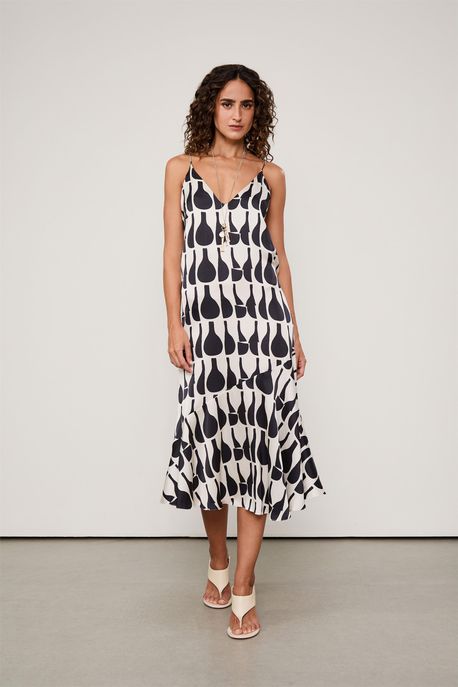 Vestido Midi Cetim Estampado Est Geo Moringas Hall e Preto - 38