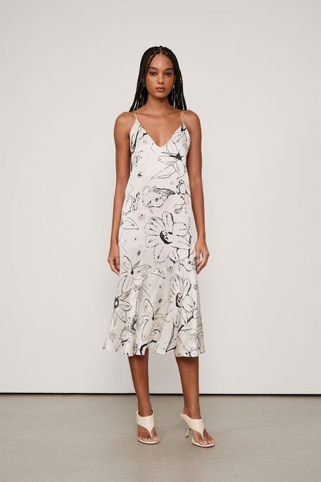 Vestido Midi Cetim Estampado Est Floral Mistico Cru e Preto - 38
