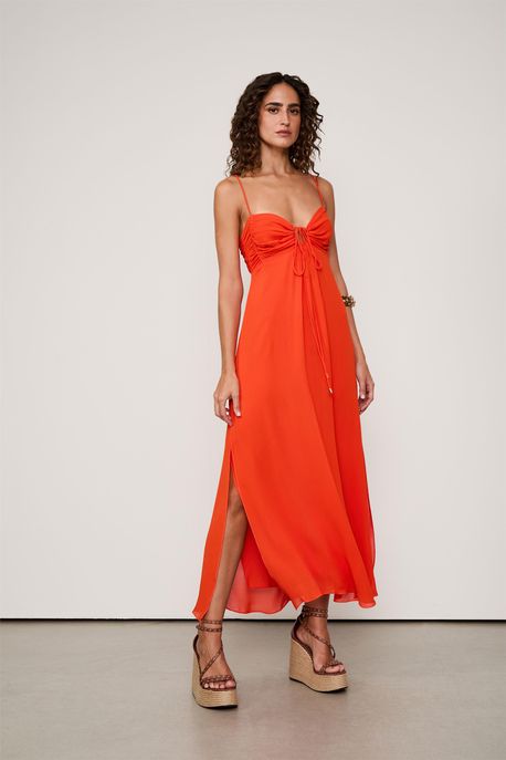 Vestido Midi Detalhe Tuneis Laranja Spicy - 38