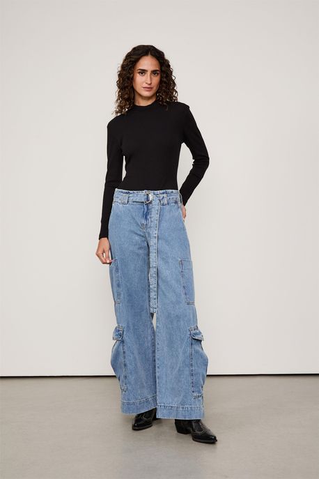 Calca Jeans Cargo Com Cinto Jeans Medio - 44