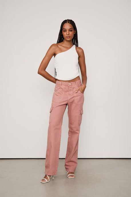 Calca Sarja Low Rise Cargo Com Pregas Rosa Café (Café Creme) - 44