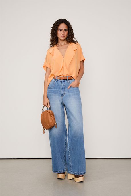Blusa De Seda Manga Curta Flap Laranja Mock - 38