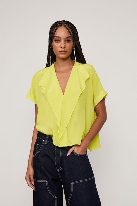 Blusa De Seda Manga Curta Flap Verde Prim - 38