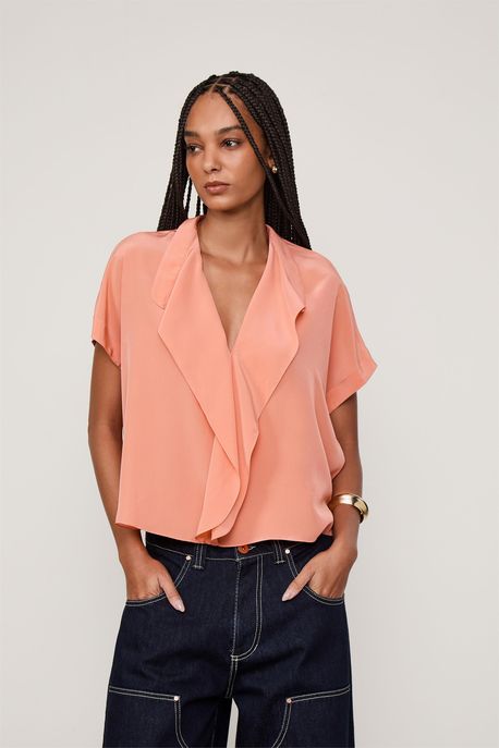 Blusa De Seda Manga Curta Flap Rose Bronze - 36