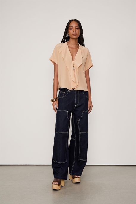 Blusa De Seda Manga Curta Flap Bege Gengibre - 38