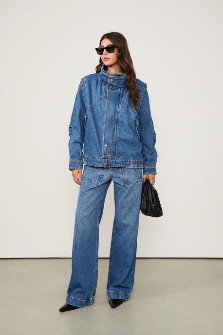 Jaqueta Jeans Bomber Marmorizada Tachas Jeans Medio - 42