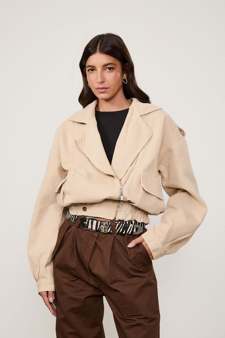 Jaqueta De Sarja Maxi Bomber Cargo Bege Bege Rice - 38