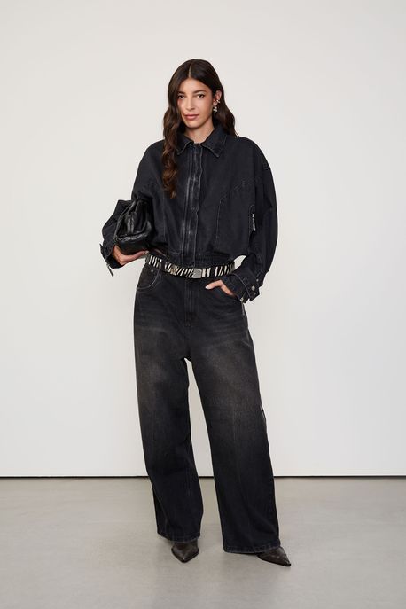 Jaqueta Bomber Jeans Preto Zíper Punhos Jeans Black Escuro - M