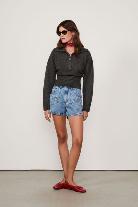 Short Jeans Trapézio Média Bolso Recorte Jeans Medio - 40