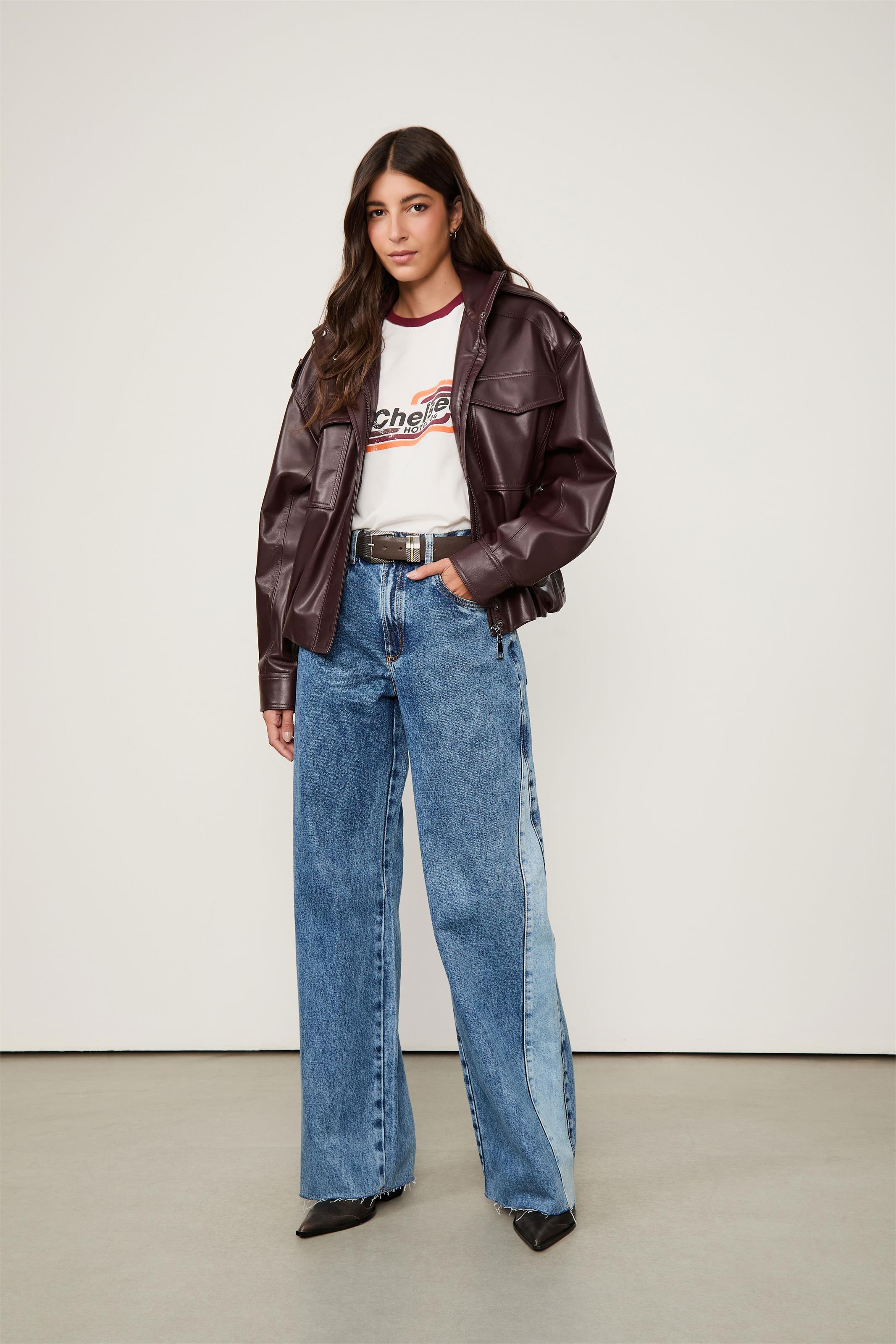 Calca Jeans Wide Leg Recorte Patchwork