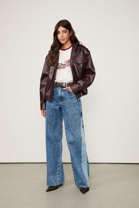Calca Jeans Wide Leg Recorte Patchwork Jeans Medio - 44