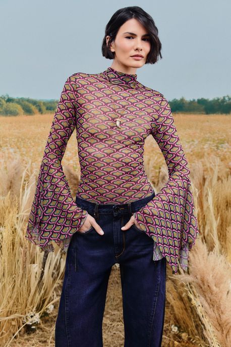 Blusa Tule Manga Longa Est Geo Nicks Collor - PP