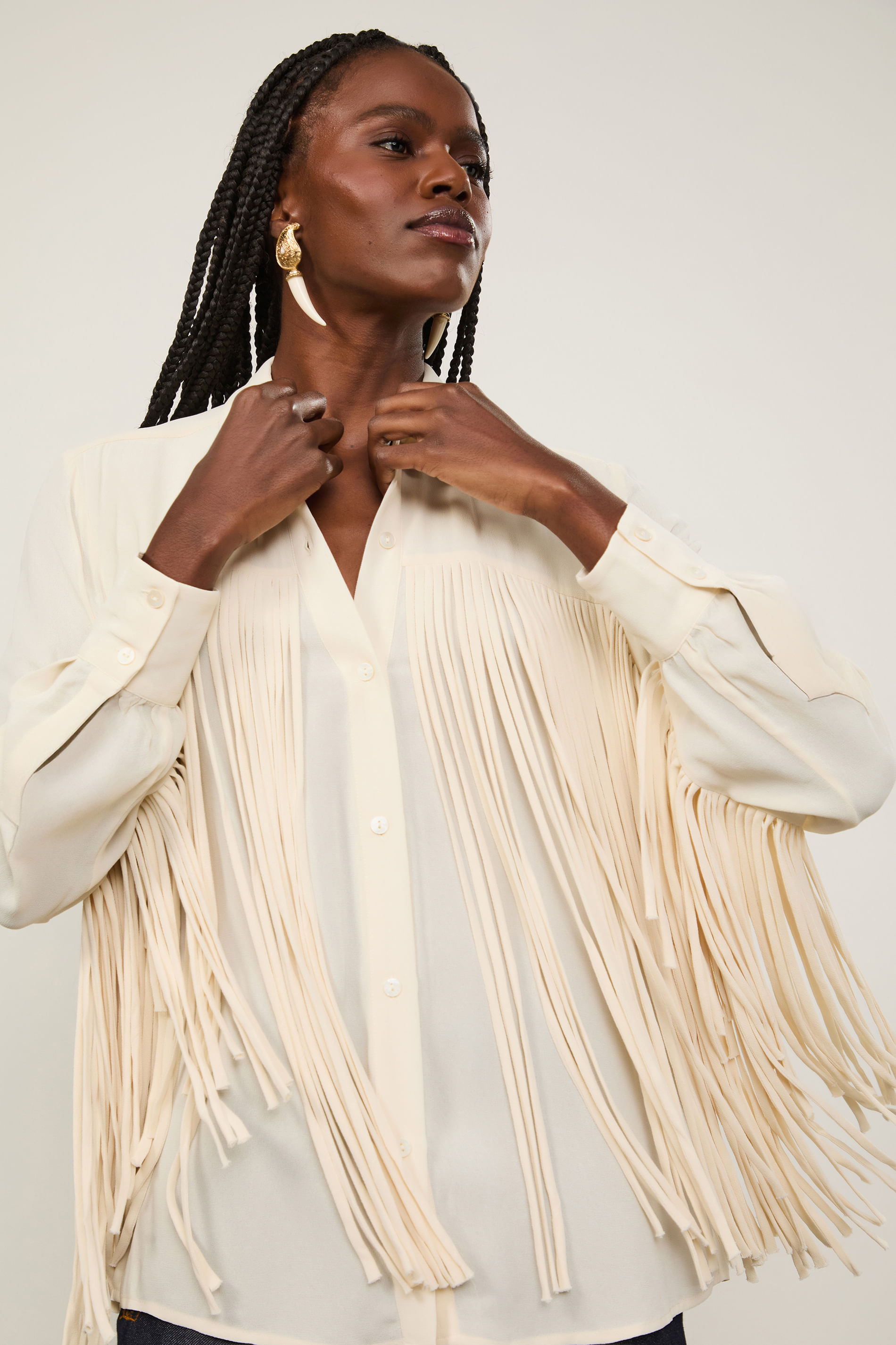 Camisa De Georgette Off White Com Franjas