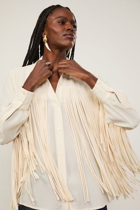 Camisa De Georgette Off White Com Franjas Off White - 44