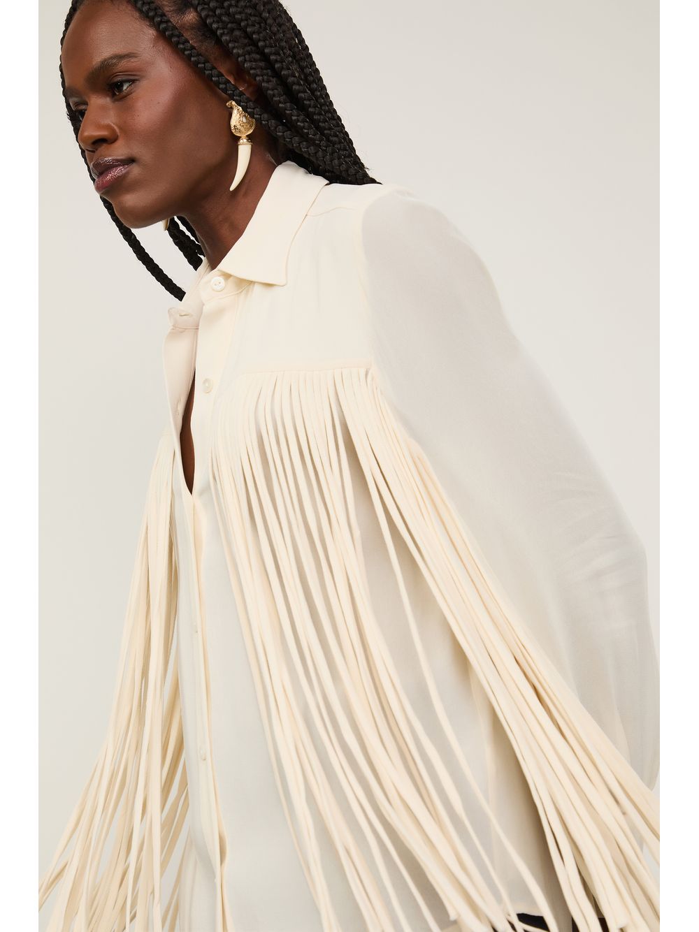 Animale — Camisa De Georgette Off White Com Franjas