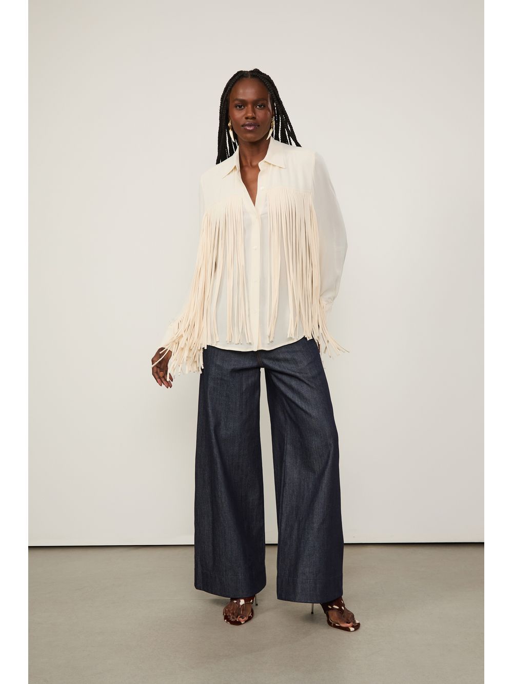Animale — Camisa De Georgette Off White Com Franjas