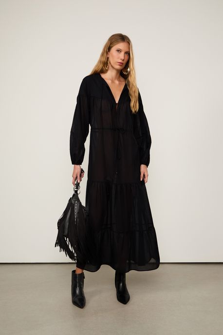 Vestido De Voil De Algodão Boho Preto Preto - 38
