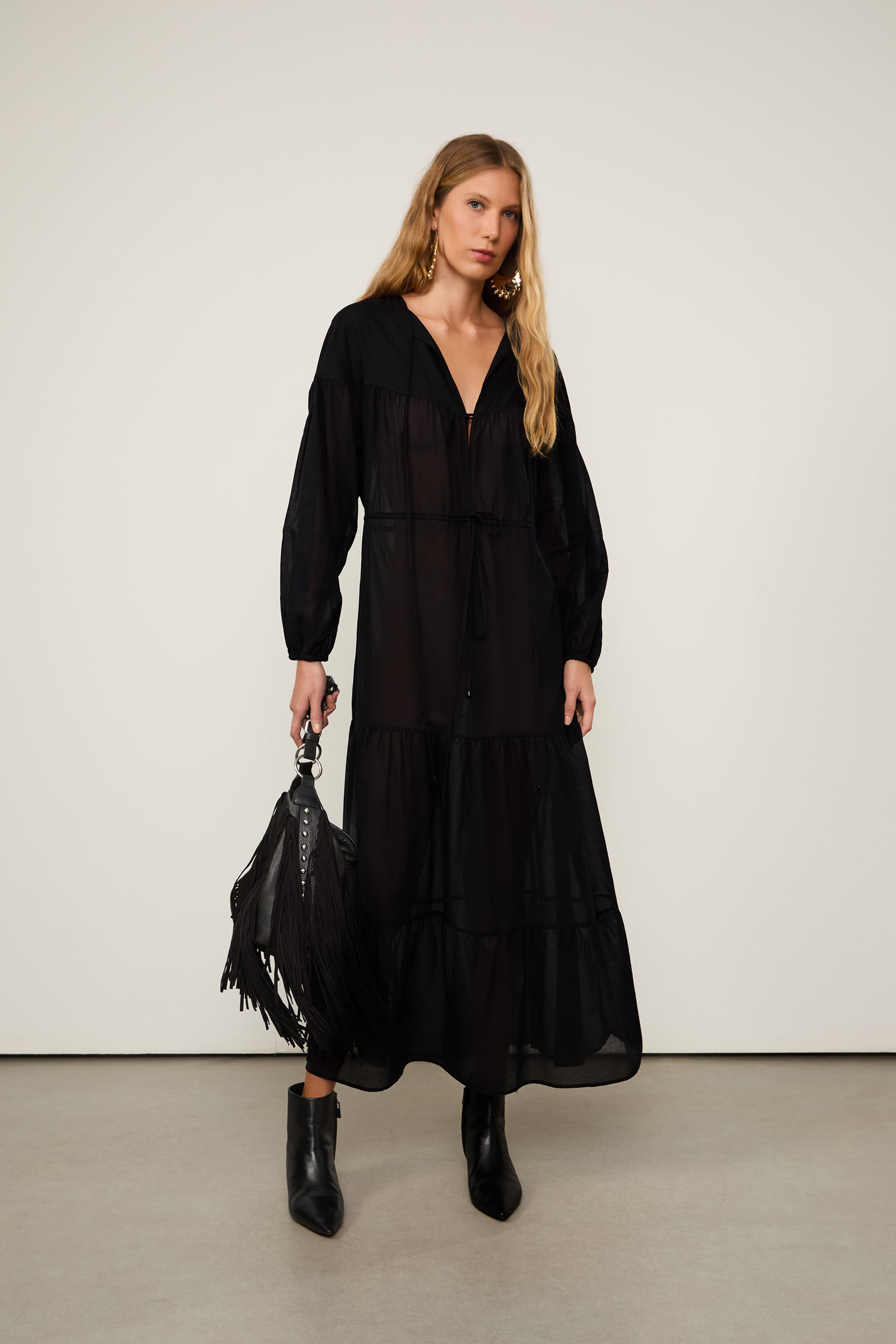 Vestido De Voil De Algodão Boho Preto