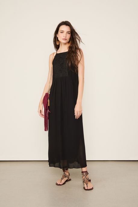 Vestido Midi Com Detalhe De Renda Preto Preto - 36