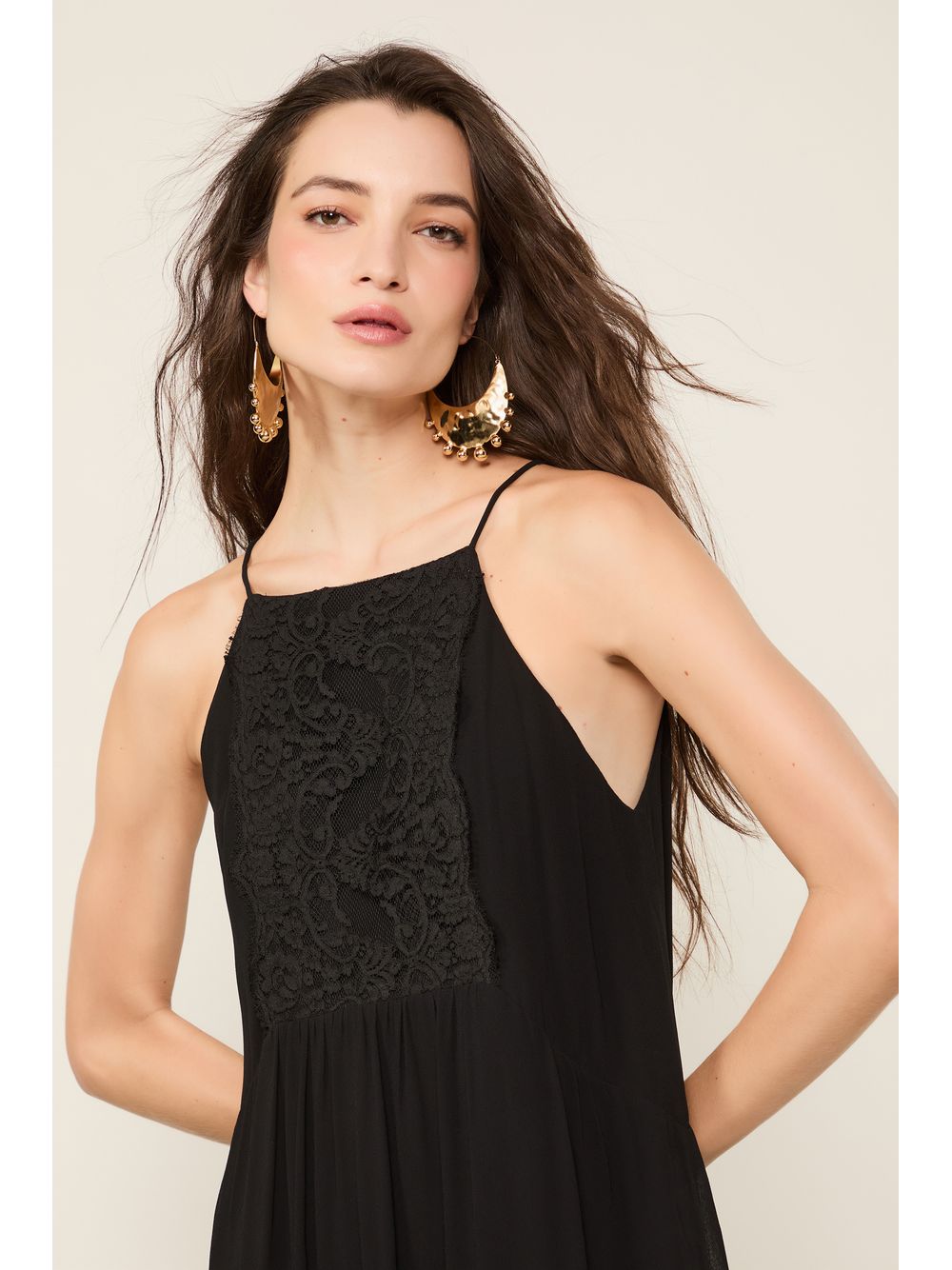Animale — Vestido Midi Com Detalhe De Renda Preto