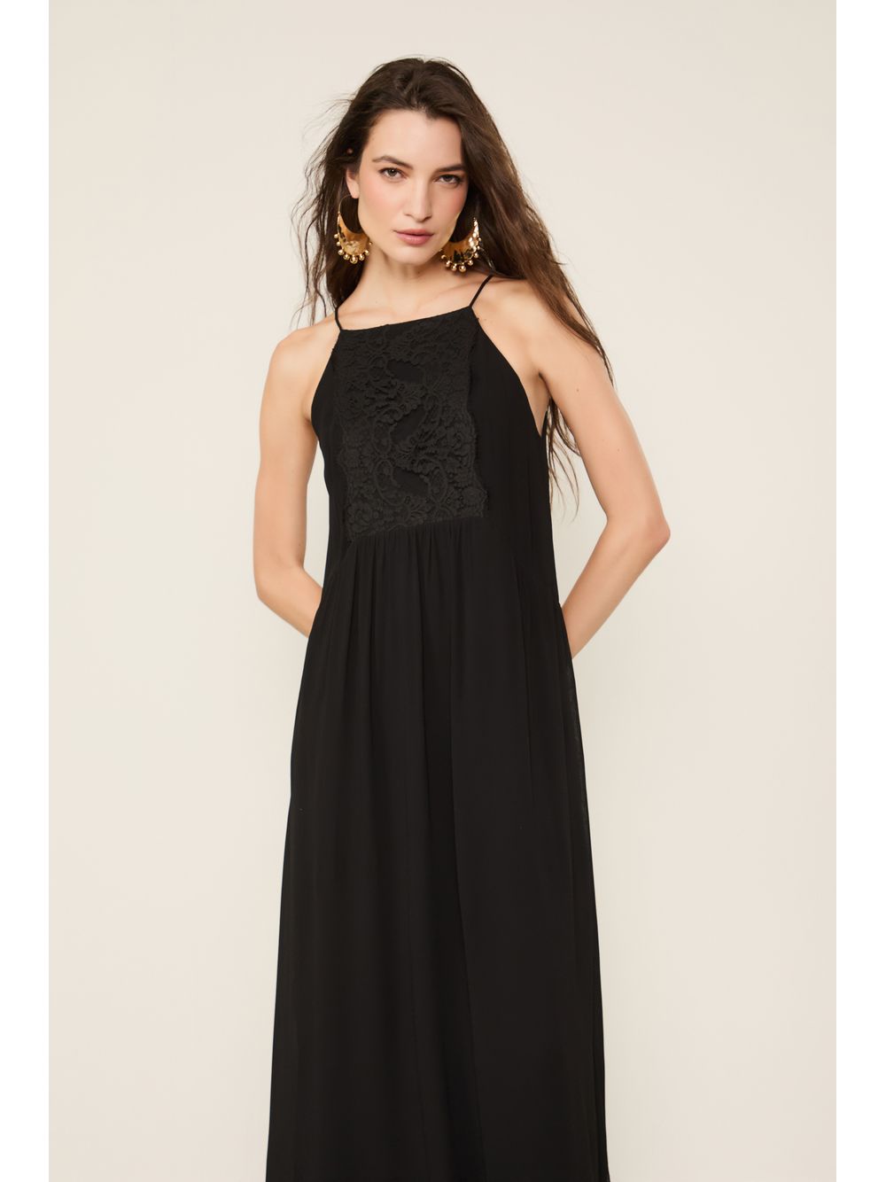 Animale — Vestido Midi Com Detalhe De Renda Preto