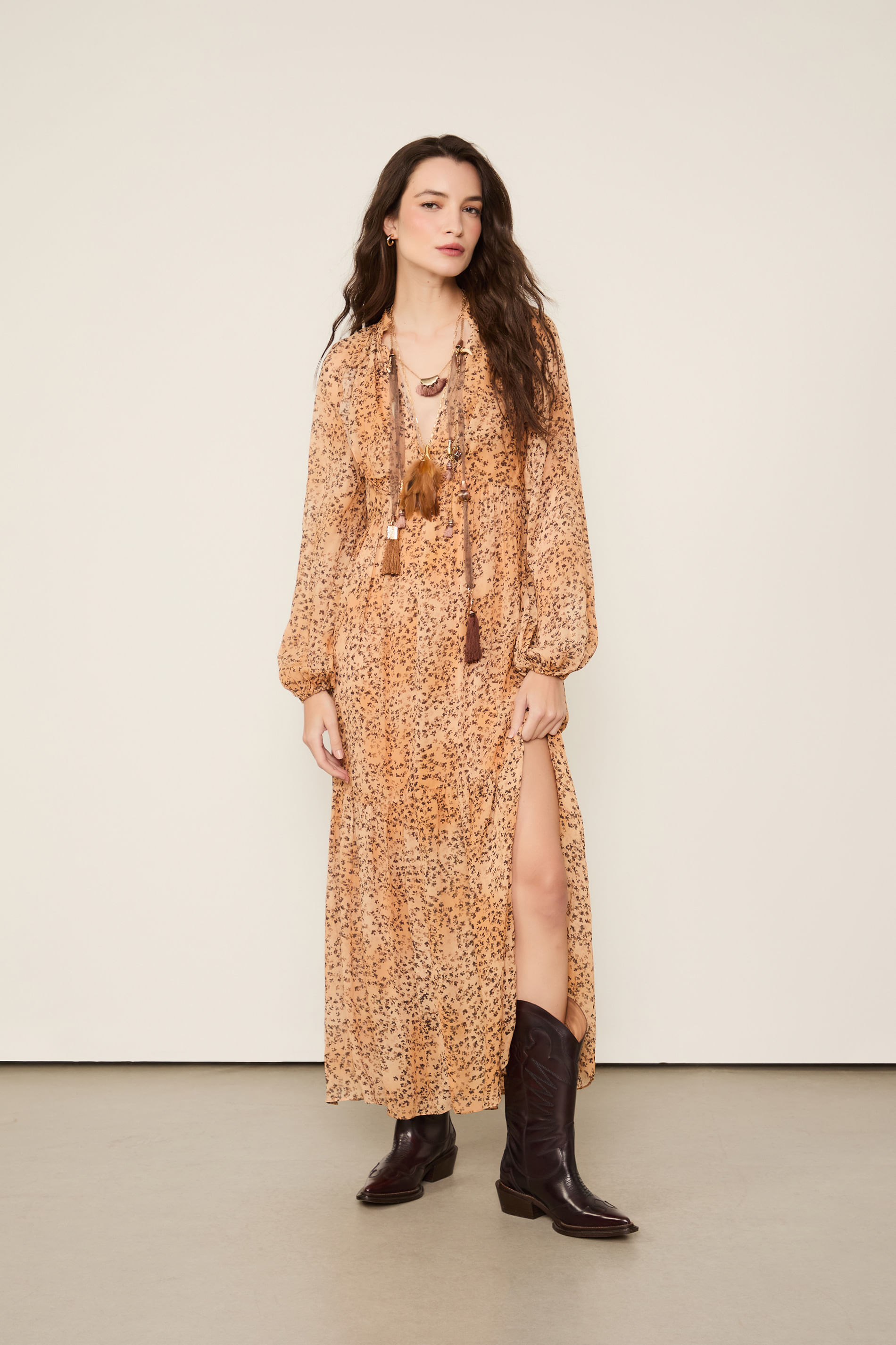 Vestido Midi Decote v Estampado