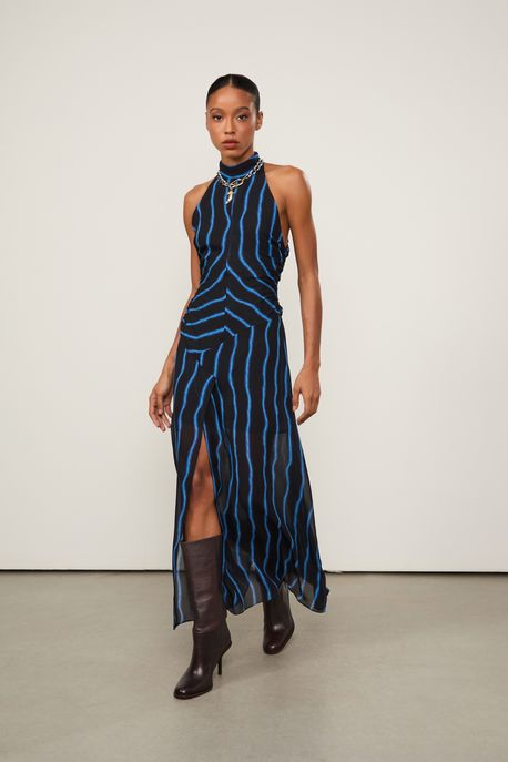 Vestido Midi Com Gola Alta Estampado Est Listra Feixe Color - 38