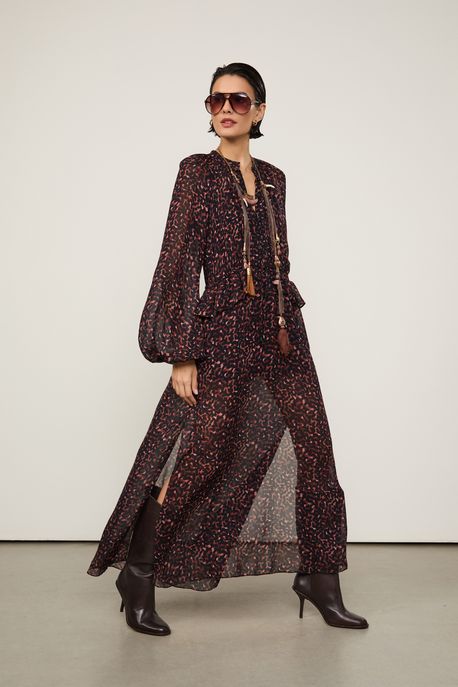 Vestido Midi Com Fenda Estampado Est Textura Bean Color - 36