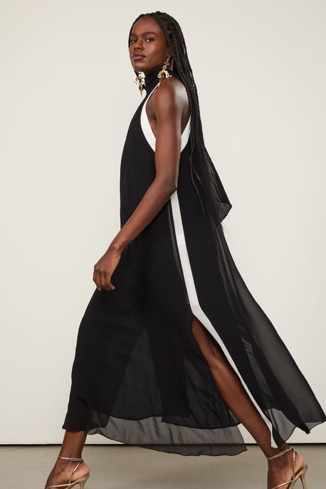 Vestido Midi Com Gola Alta Preto Com Branco Preto - 42