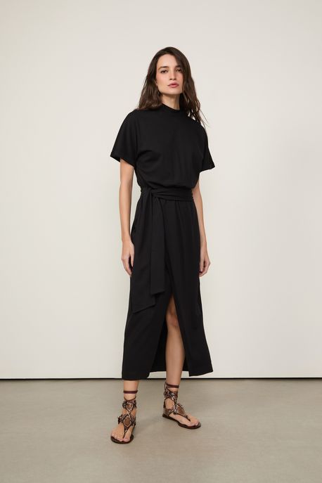 Vestido Midi T-Shirt Saia Transpassada Preto Preto - P