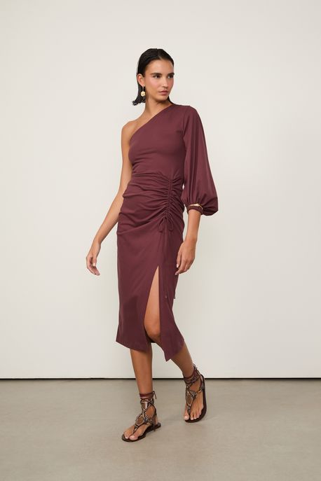 Vestido Midi Um Ombro So Manga Longa Marrom Boho Marrom Boho - PP