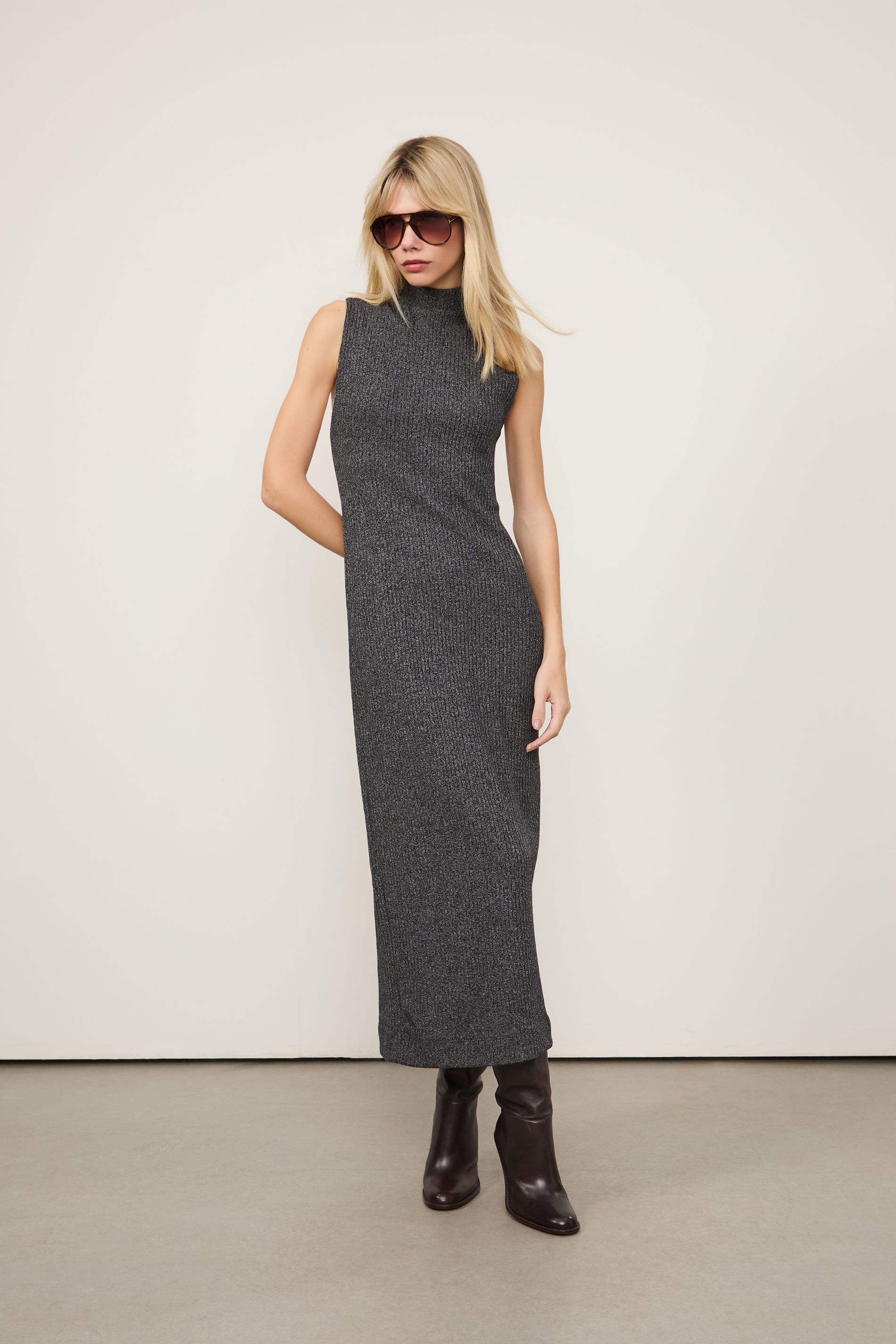 Vestido Gola Alta Manga Longa Mescla