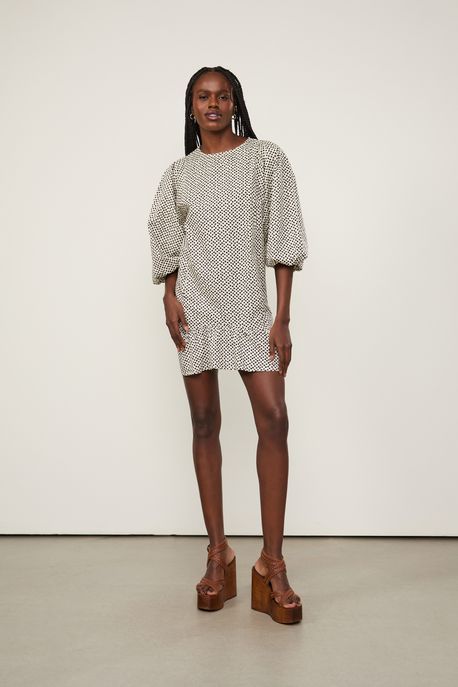 Vestido De Algodão Cava Quadrada Estampado Est Geo Starlight Tofu e Preto - 40