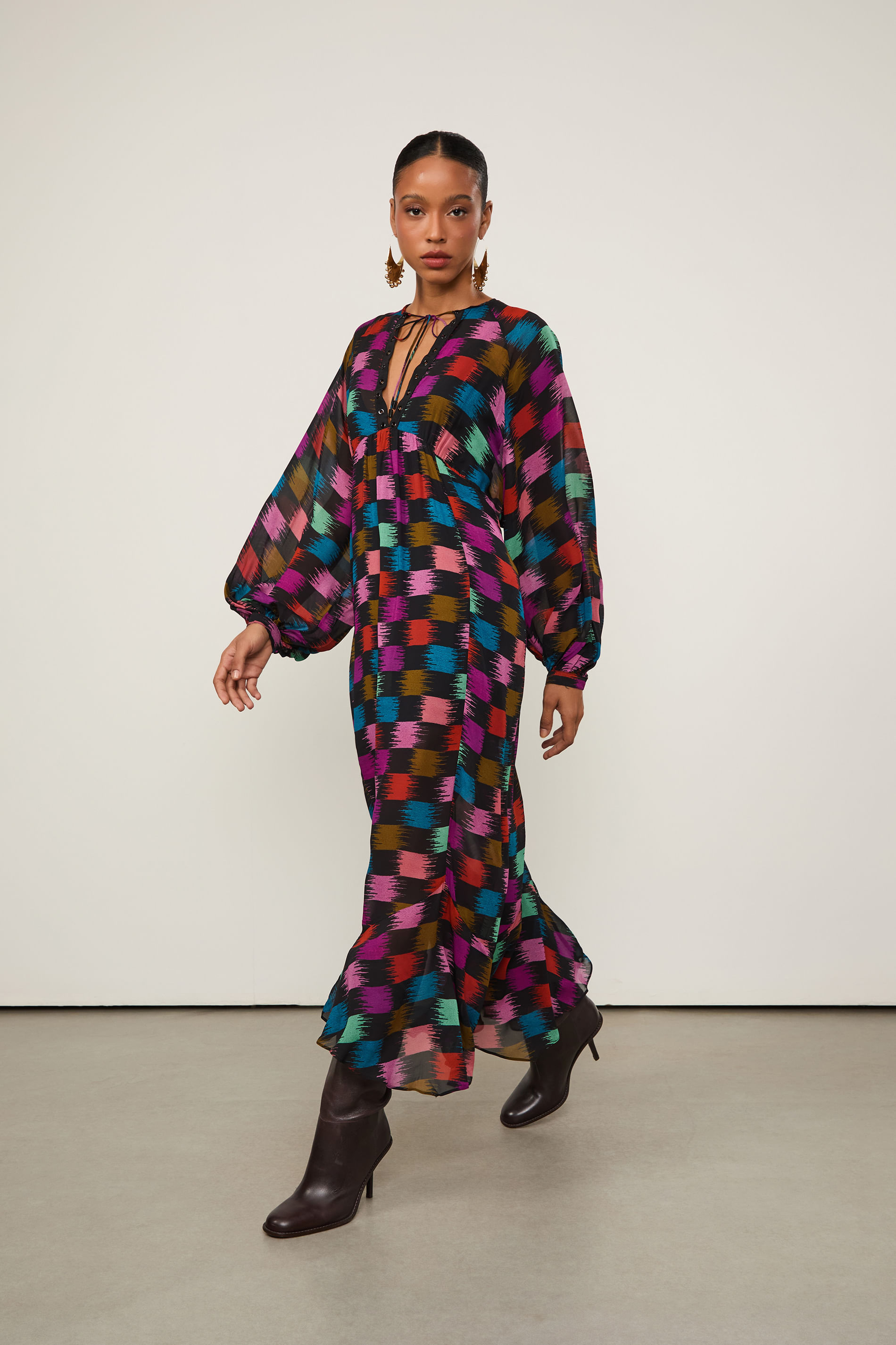 Vestido De Georgette Leve Midi Manga Longa Estampado