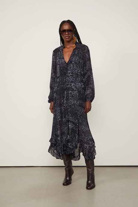 Vestido De Georgette Leve Midi Manga Longa Estampado Decote v Est Textura Tile Preto - 40