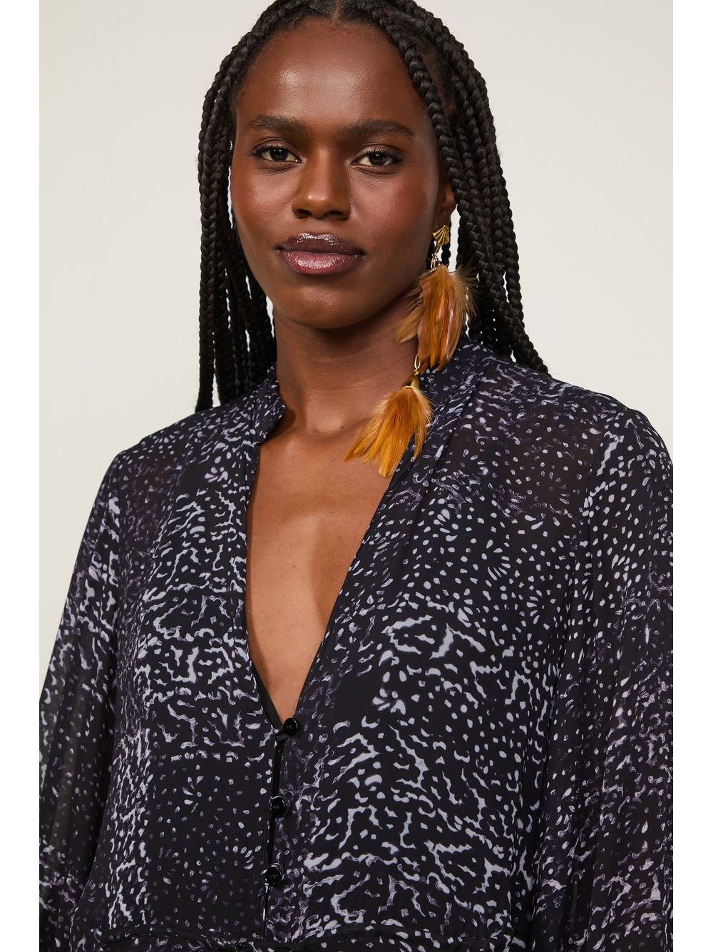 Animale — Vestido De Georgette Leve Midi Manga Longa Estampado Decote v