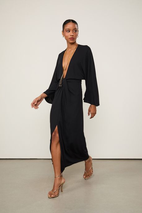 Vestido Jersey Midi Decote Profundo Preto - GG