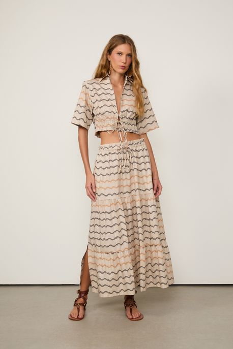 Saia De Algodão Midi Estampada Est Listra Piano Color - 36