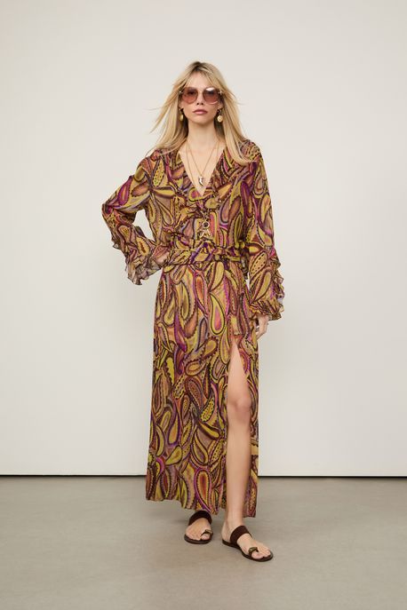 Saia De Georgette Leve Midi Cós Torção Estampada Est Paisley Anna Color Rosa - 38