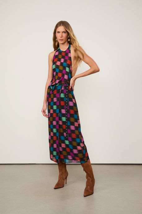Saia De Georgette Leve Midi Transpassada Estampada Est Xadrez Whisky Color - 38