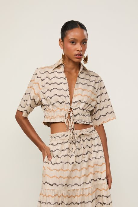 Camisa De Algodão Cropped Detalhe Franzido Estampada Est Listra Piano Color - 42