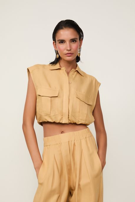 Camisa Com Linho Cropped Pate Coberta Bege Sisal Bege Sisal - 40