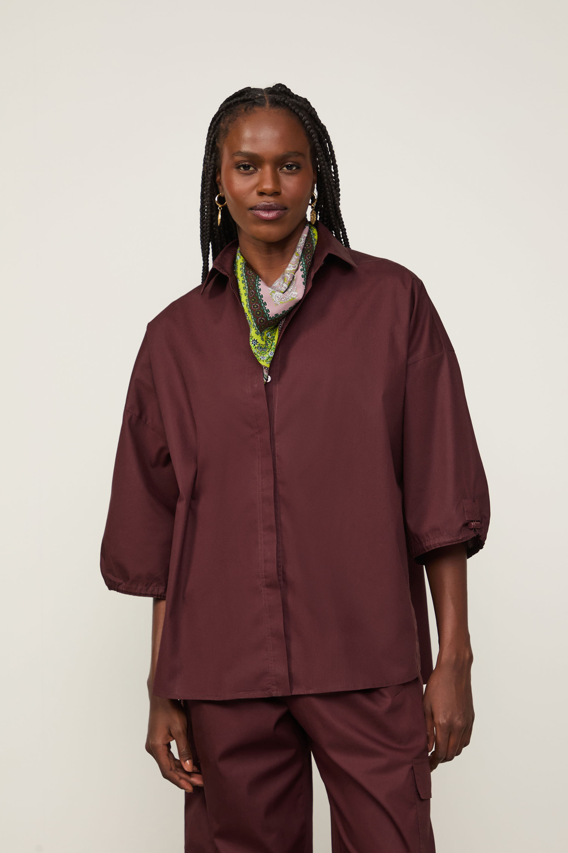 Camisa De Algodão Detalhe Stoppers Marrom Boho