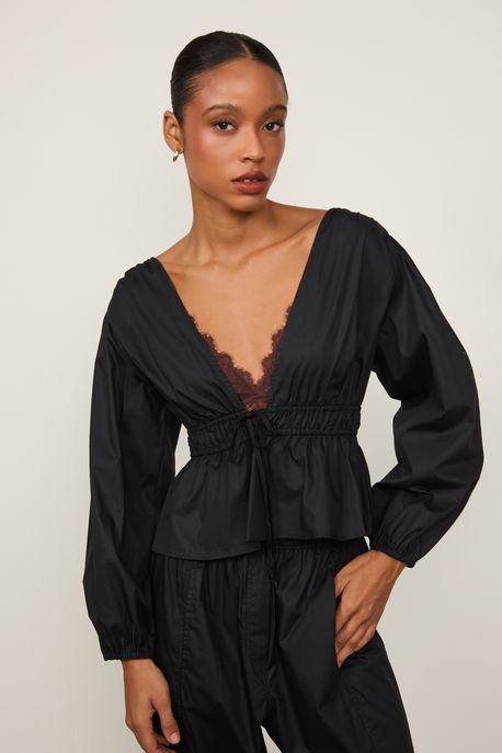 Bata De Algodão Corpo Franzido Preta Preto - 38