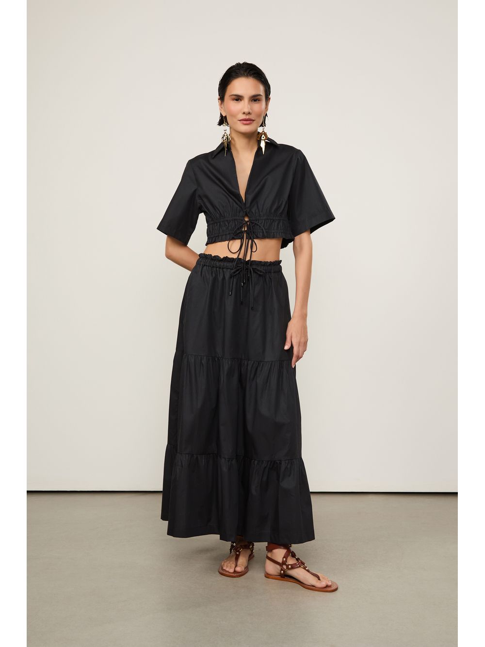 Animale — Camisa De Algodão Cropped Detalhe Franzido Preta