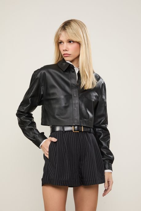 Camisa De Couro Cropped Duplo Pesponto Preto - 42