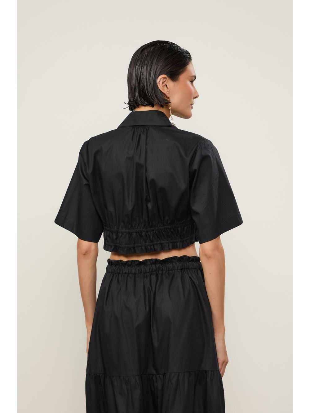 Animale — Camisa De Algodão Cropped Detalhe Franzido Preta